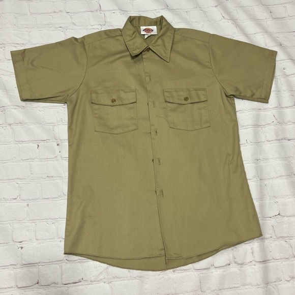 DICKIES MEN’s khaki work wear Button Down Shirt Short Sleeve Medium euc Vintage - Picture 10 of 11